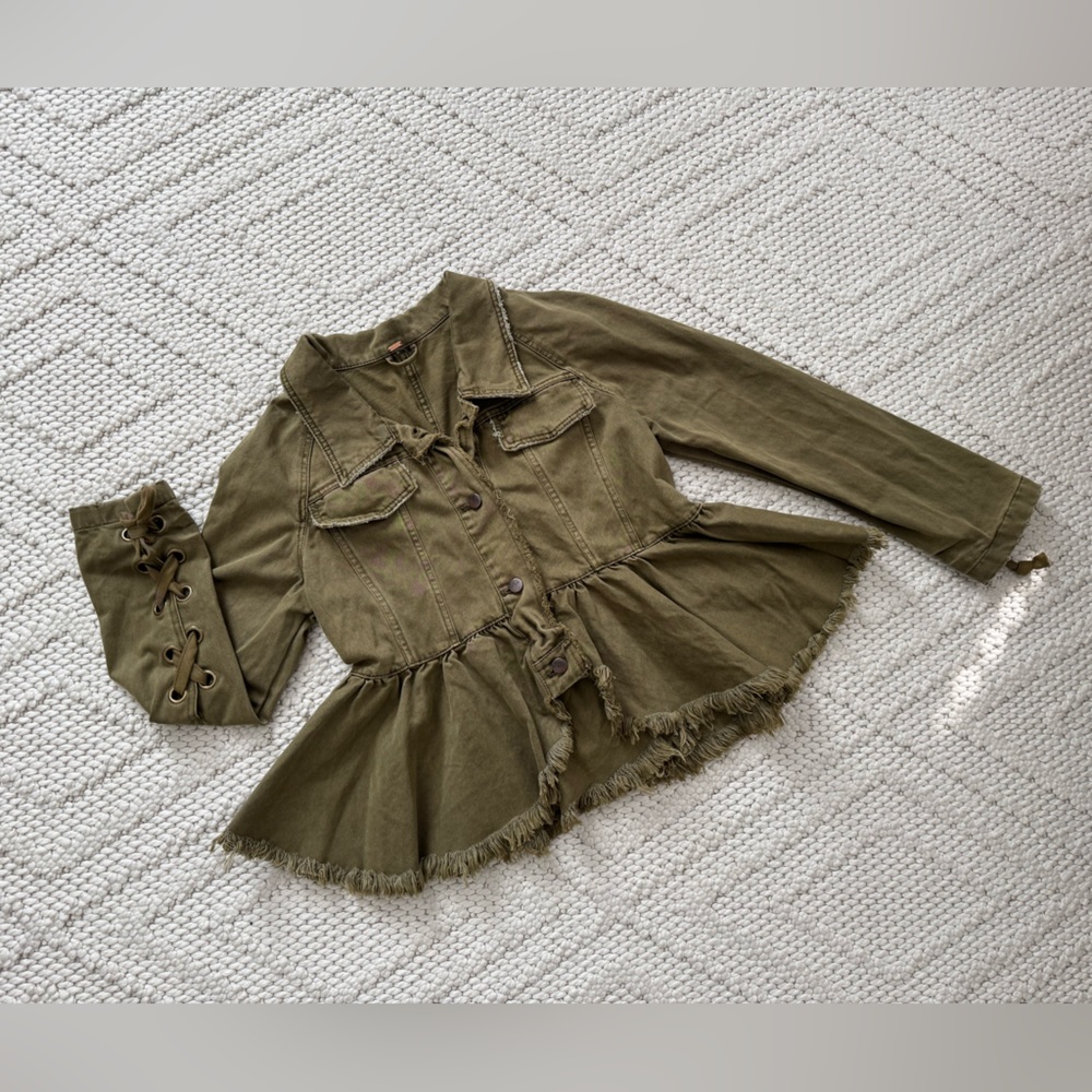 Free People Olive Green Frayed Hem Jacket Small